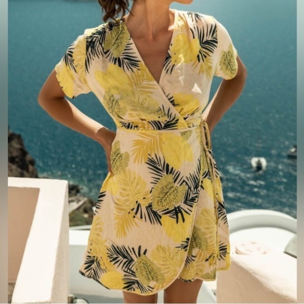 Bohme Shauna Tropical Mini Wrap‎ Dress Apricot Green Yellow Womens Small